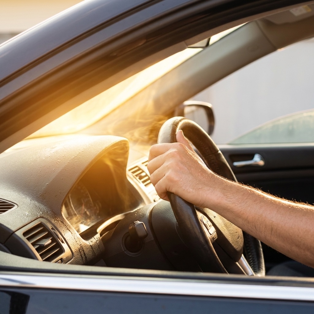 Sun blazing through an untinted windshield onto a hot steering wheel