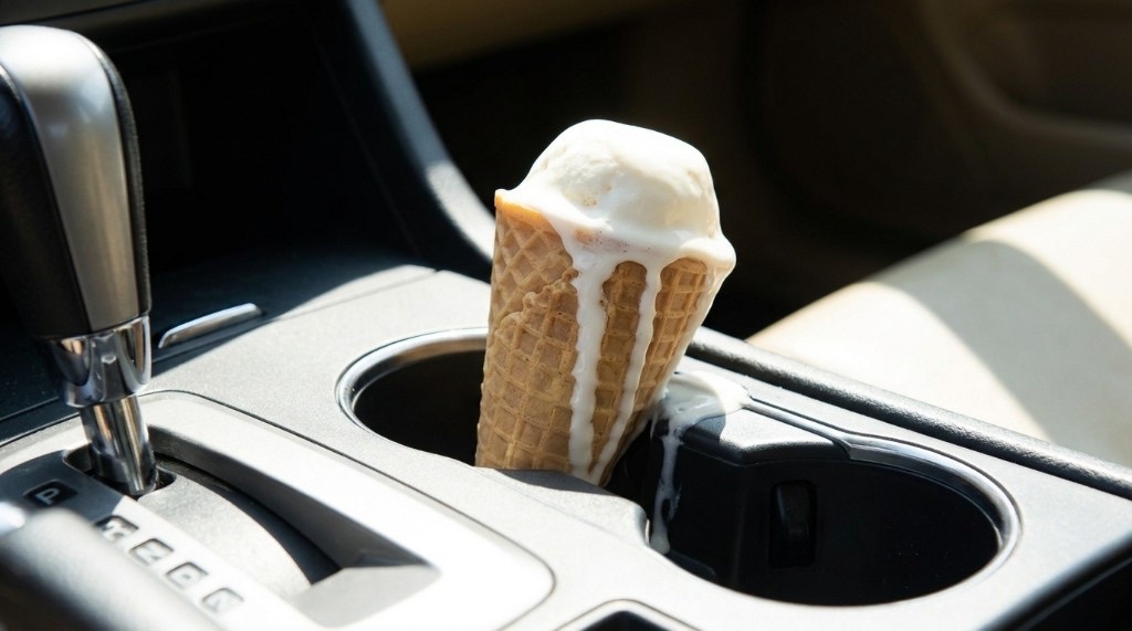 Ice cream cone melting in a hot car cup holder