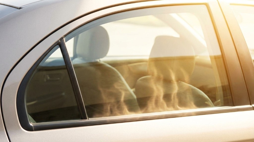 Heat shimmer radiating through an untinted car side window in the sun